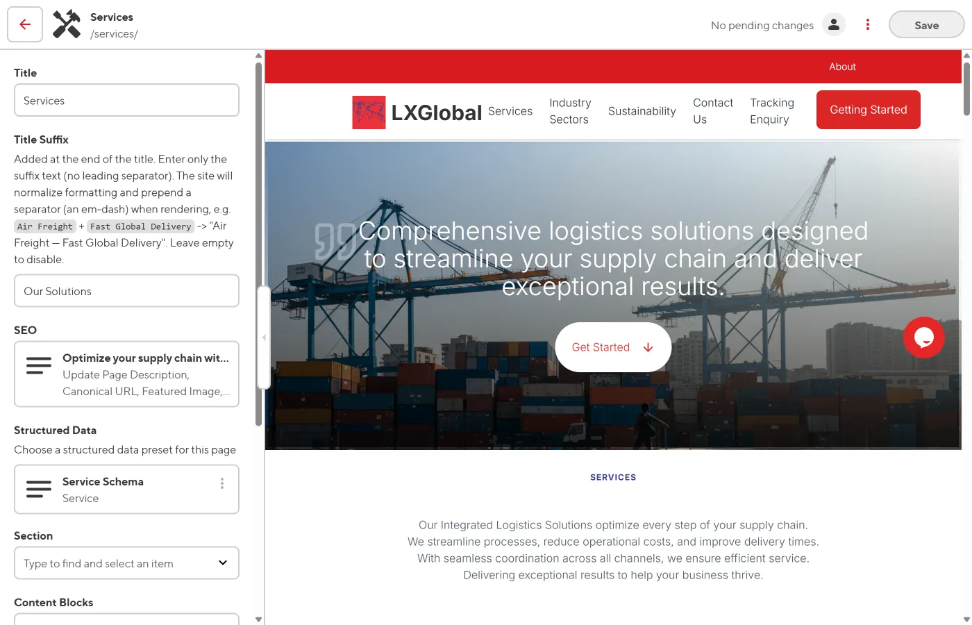 The Content Blocks list in the sidebar listing all blocks on the page