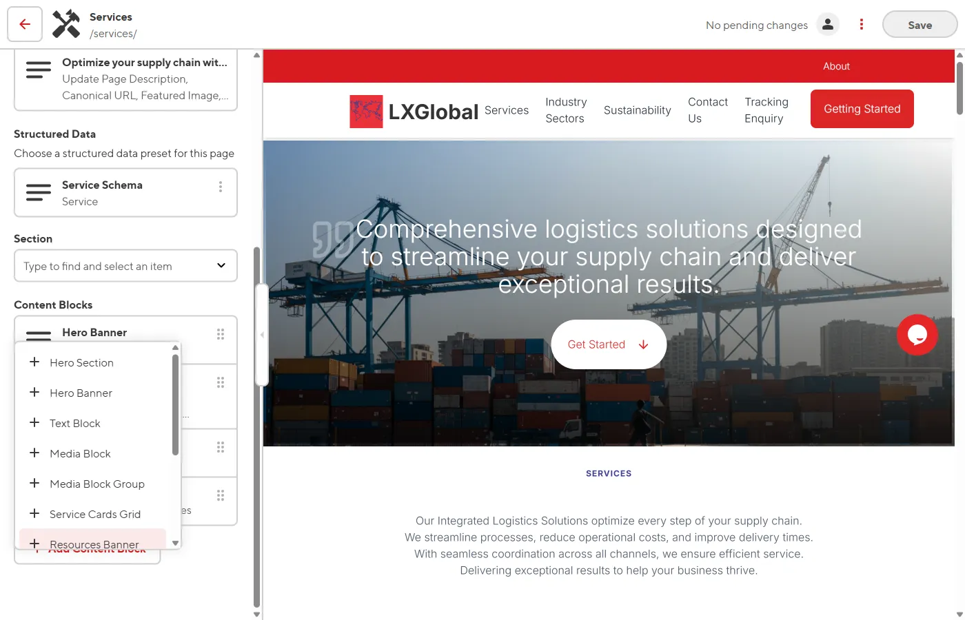 The block type picker showing all available content blocks