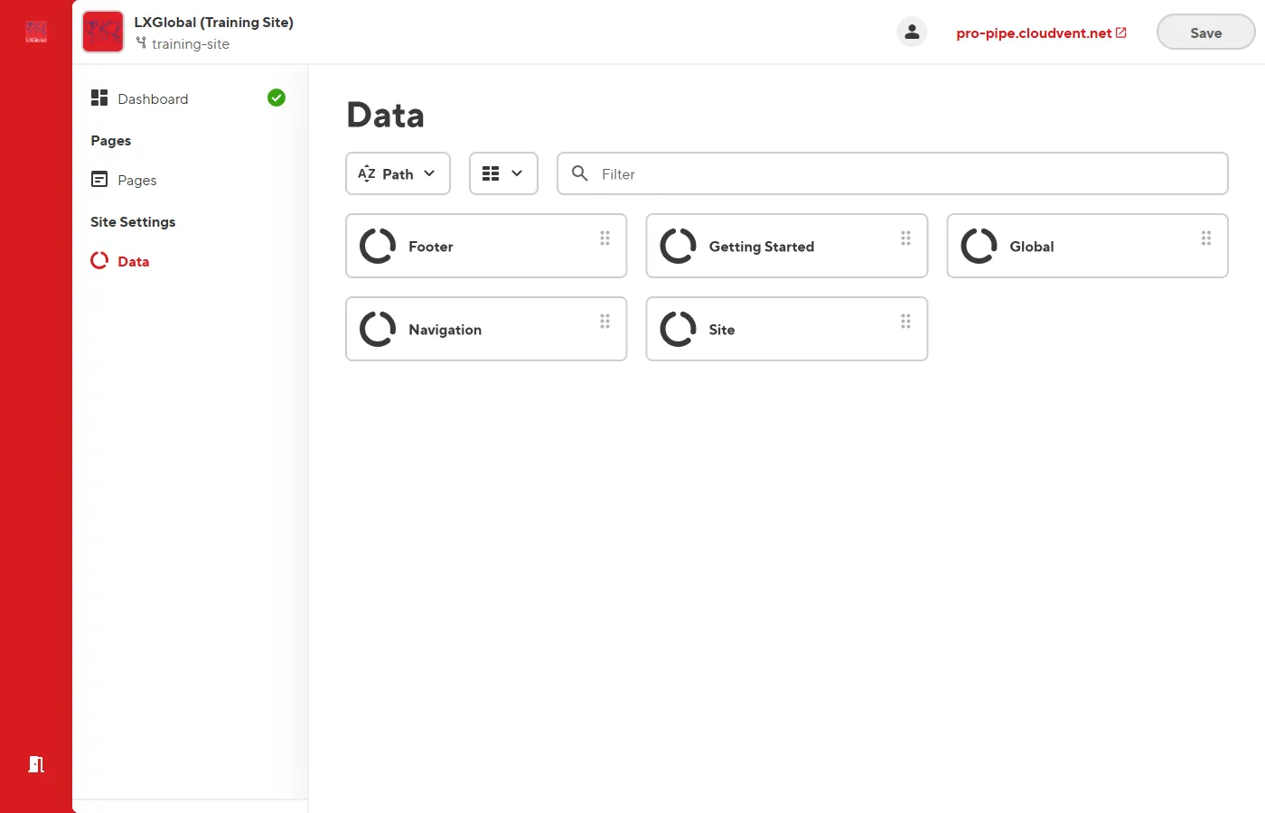 Dashboard showing Site Settings data files
