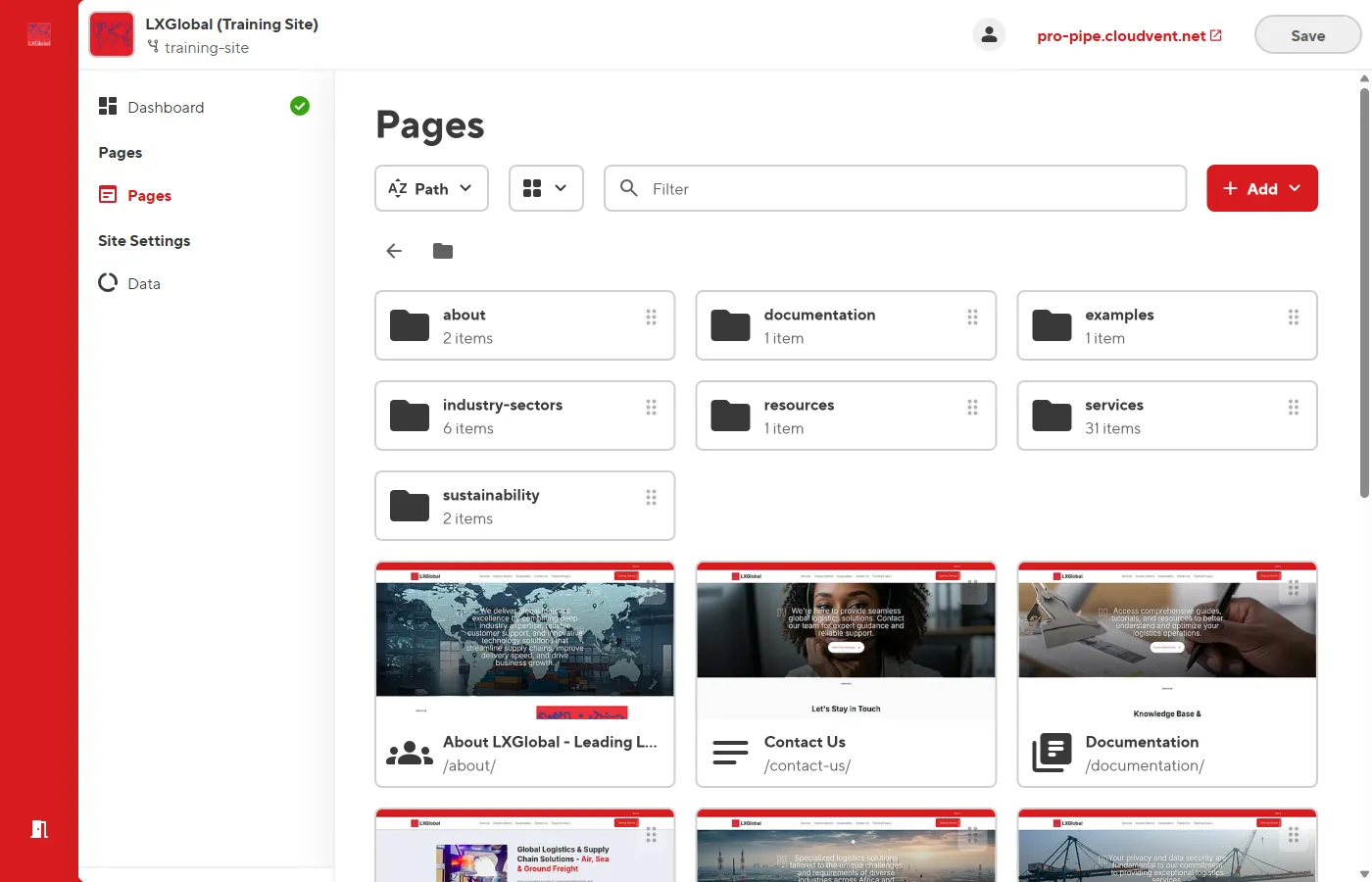 CloudCannon dashboard showing the Pages collection