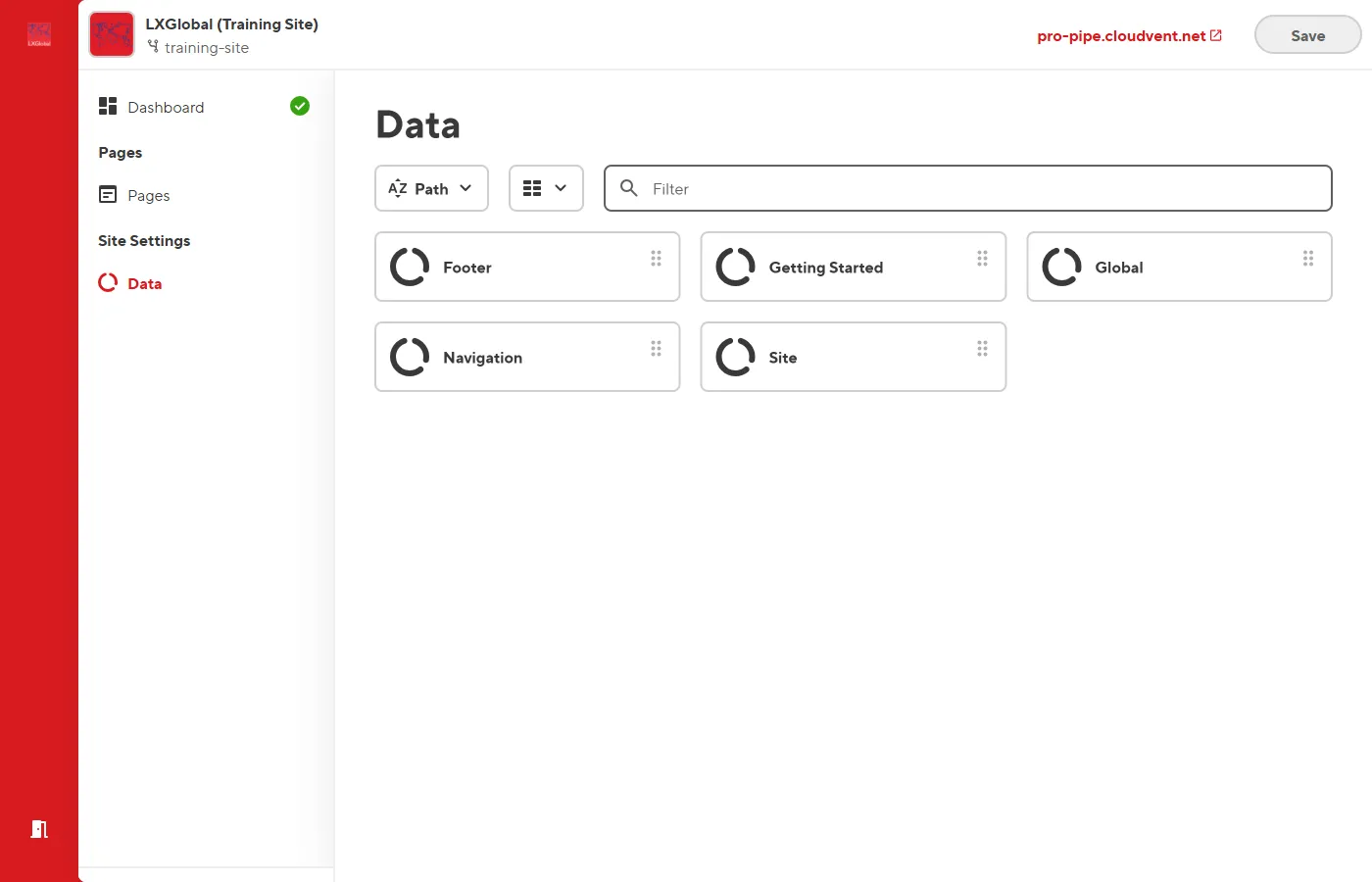The Data collection list showing all site settings files