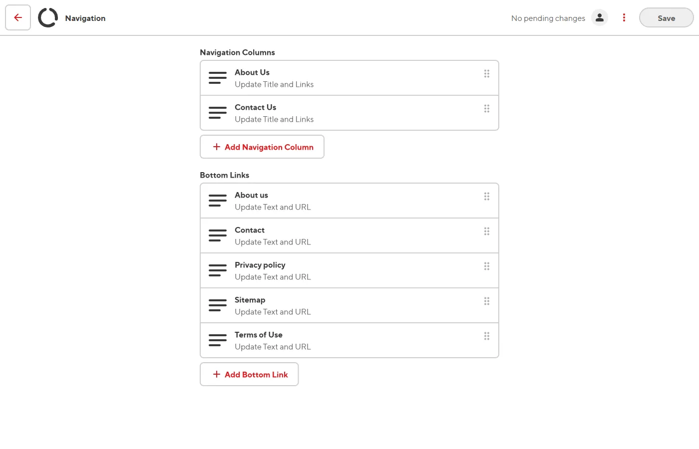 The footer data editor showing navigation columns and bottom links
