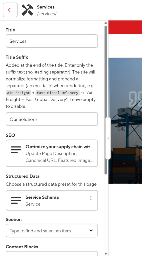 The sidebar panel showing structured fields for a content block